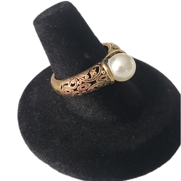Jewelry - Vintage Gold Plate Over Silver Filigree Faux Pearl Cocktail Statement Ring